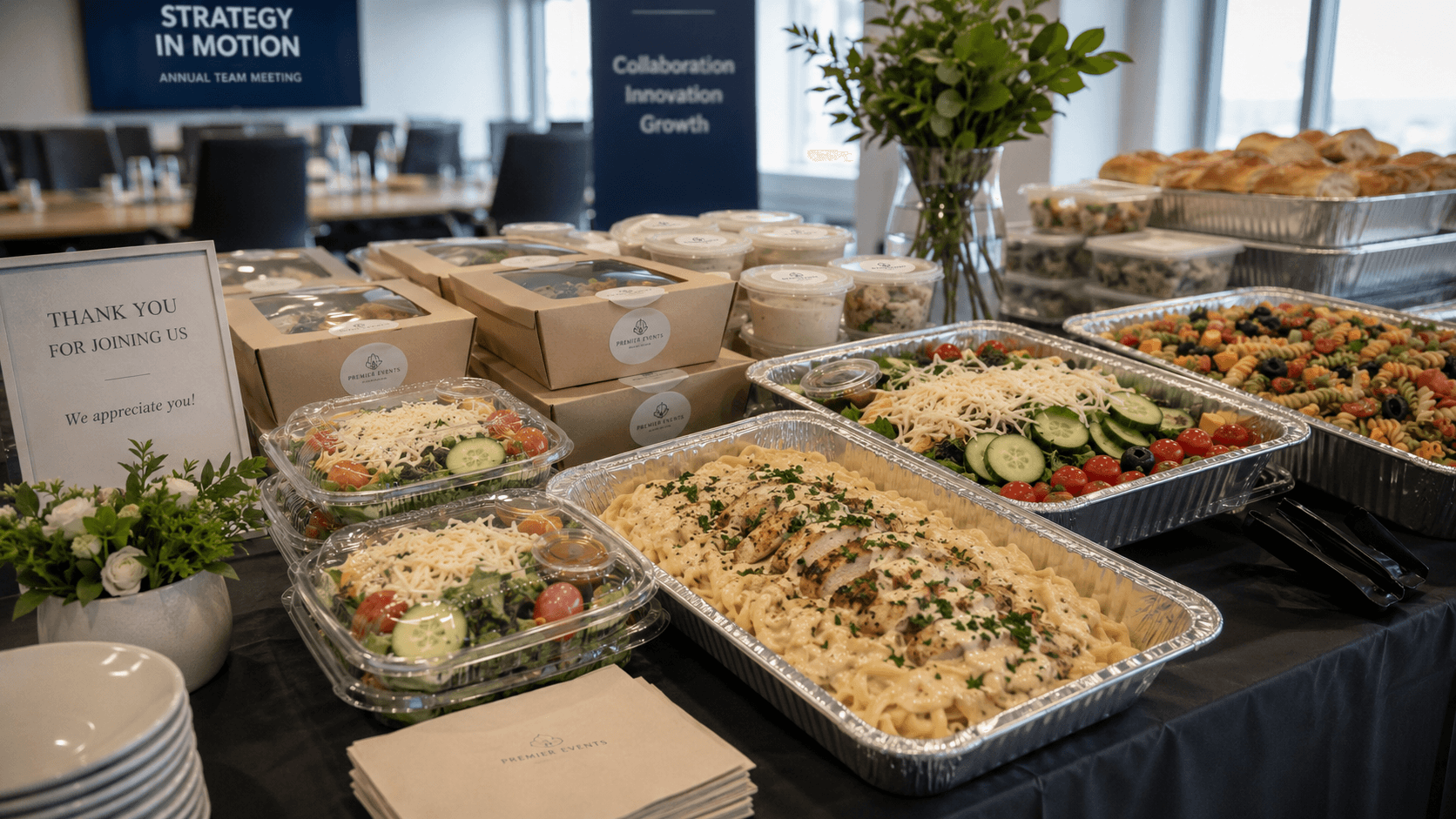 Corporate lunch spread for a team meeting — chicken pasta, salads, and pasta salad